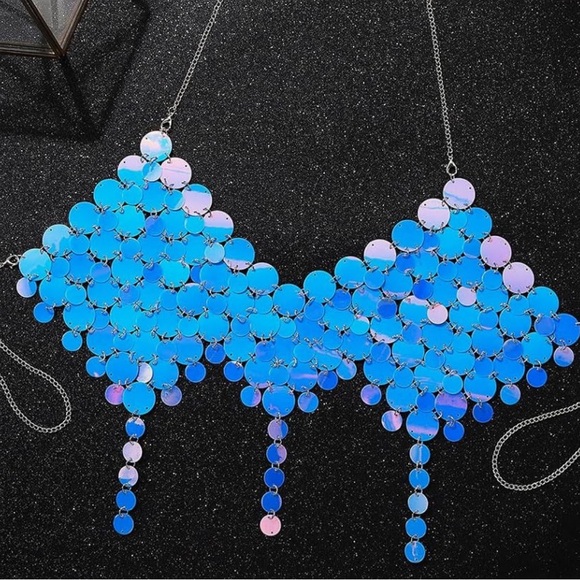 Irridescent holographic sequin mirror circles festival rave crop top bra chain - Picture 2 of 4